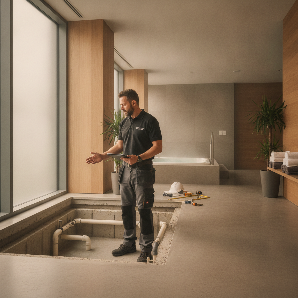 hotel engineer assessing spa infrastructure for cold plunge installation