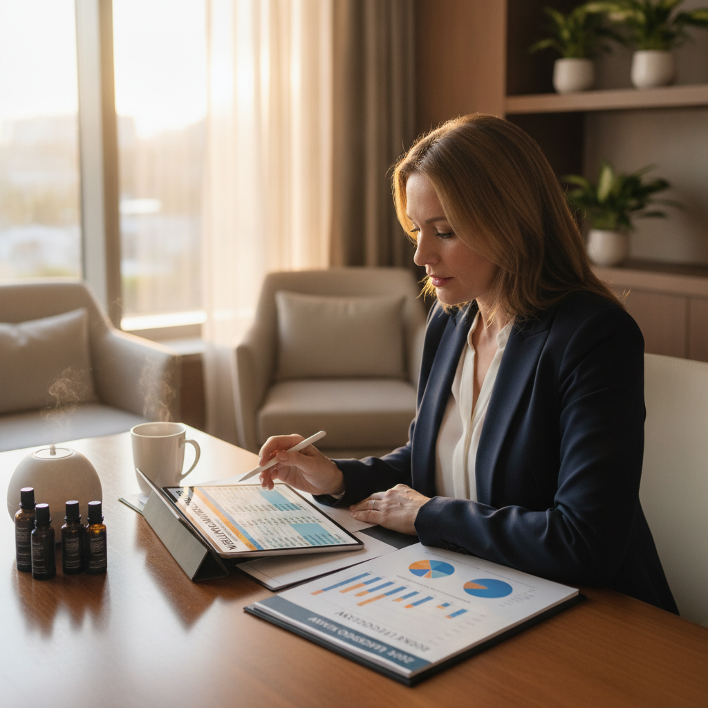Hotel general manager reviewing wellness amenity options and budget data
