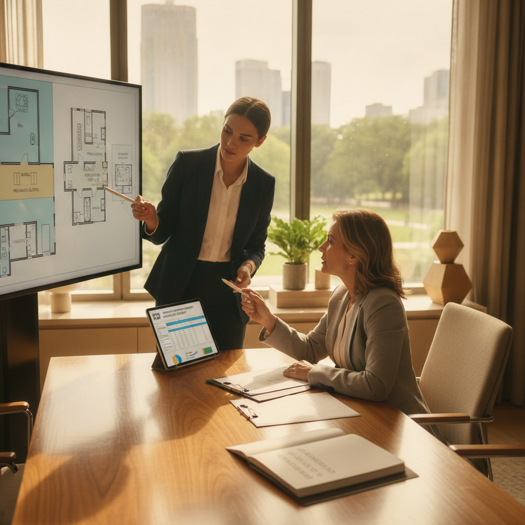 hotel owner reviewing wellness amenity investment budget and floor plans