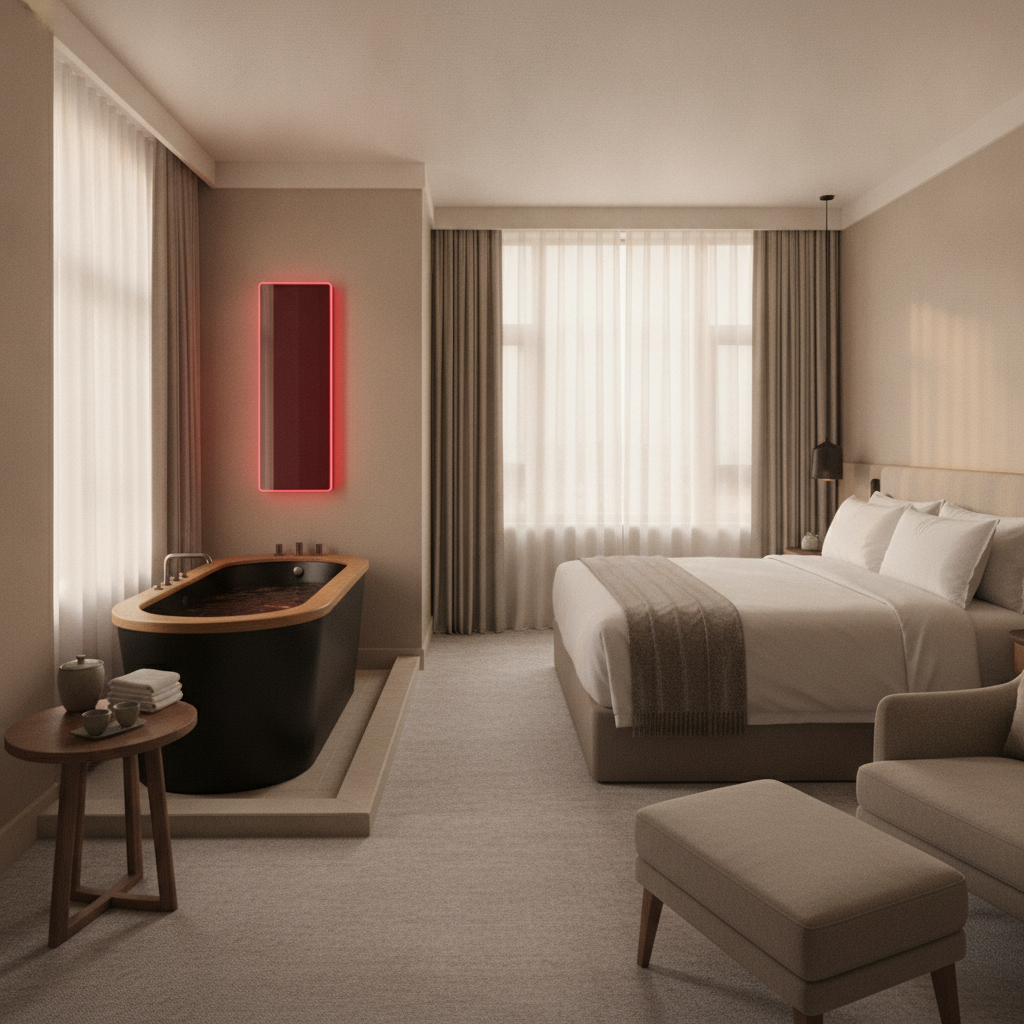Hotel guest room featuring recovery amenities including a cold plunge tub and red light panel