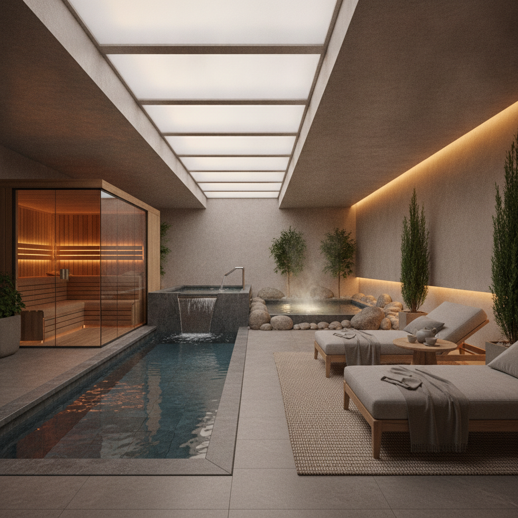 hotel spa design with cold plunge showing a hot-cold-rest circuit layout with sauna, plunge pool, and lounge seating