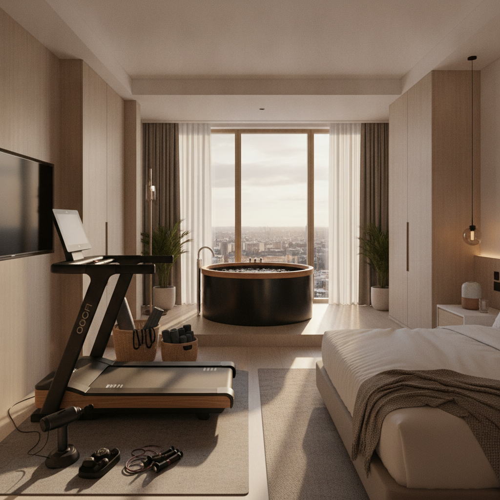 Modern hotel suite equipped with cardio machine, recovery tools, and cold plunge as part of hotel wellness equipment in-suite program
