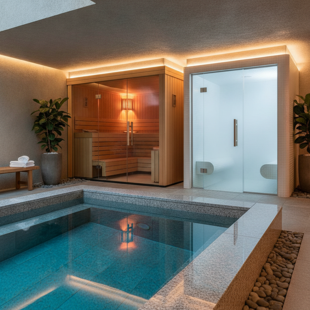 Hotel spa hydrothermal circuit showing cold plunge pool next to sauna and steam room