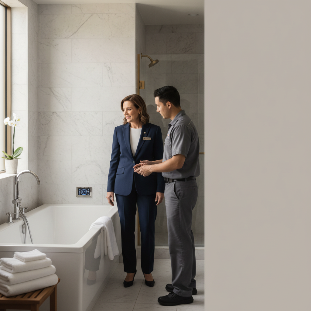 Hotel general manager reviewing HotelPlunge Bella retrofit installation in a guest bathroom