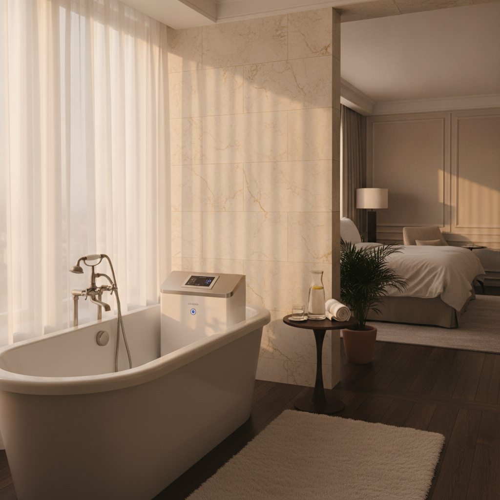 HotelPlunge H3 cold plunge unit installed in a luxury hotel bathtub