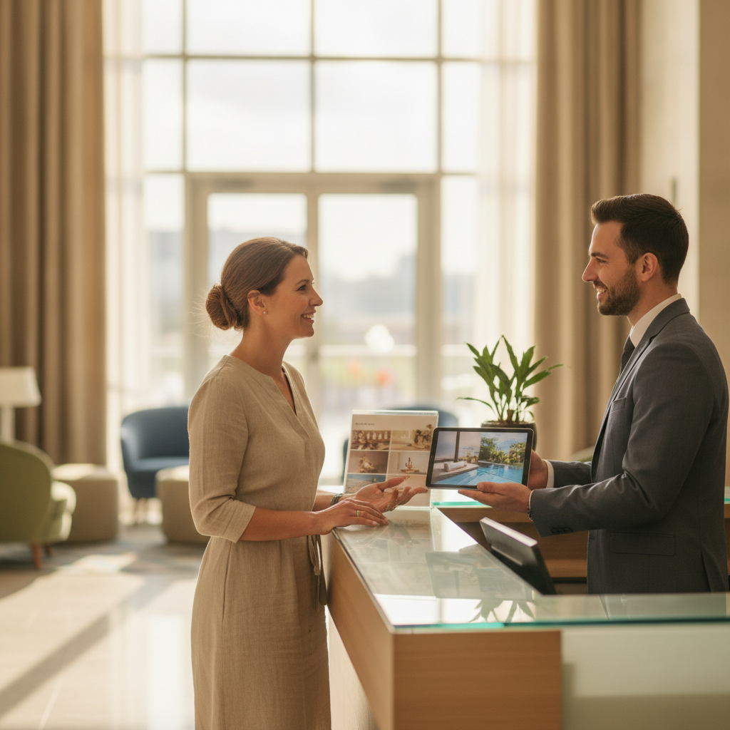 hotel guest speaking with front desk staff about wellness amenities
