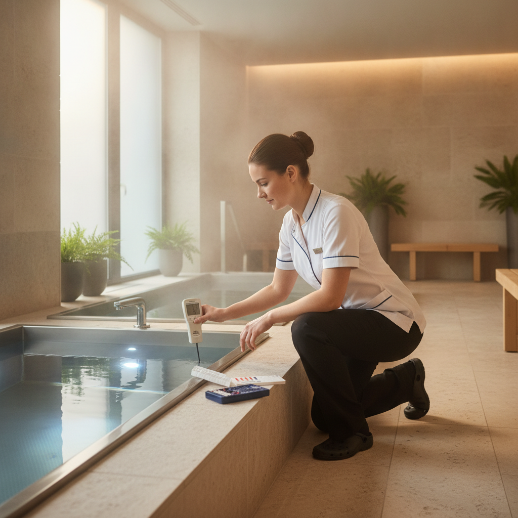 Hotel spa staff member testing water chemistry in a commercial cold plunge tub