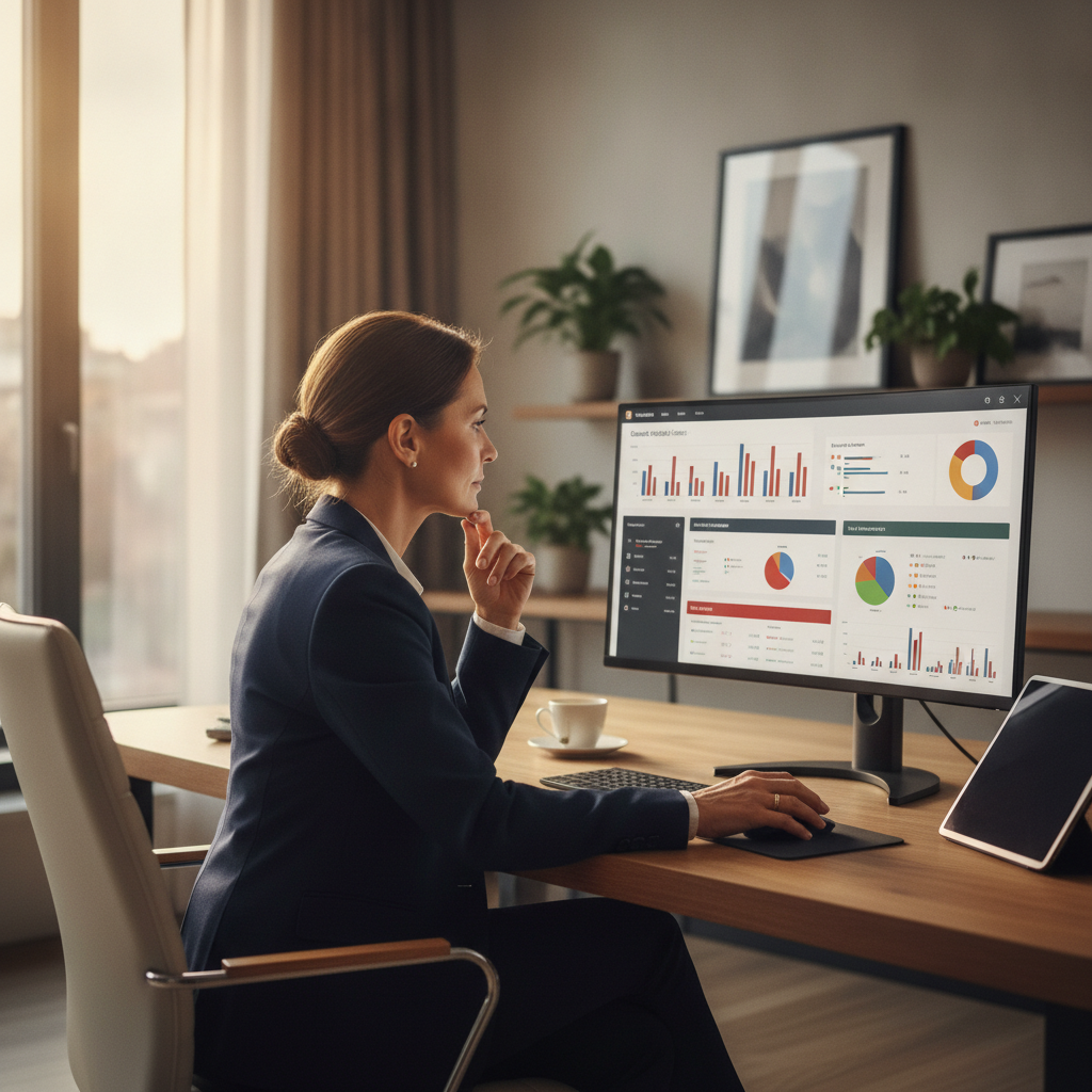 hotel general manager reviewing guest feedback dashboard to improve hotel reviews