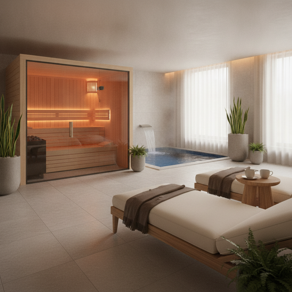 Hotel spa thermal circuit showing sauna, cold plunge, and recovery lounge layout