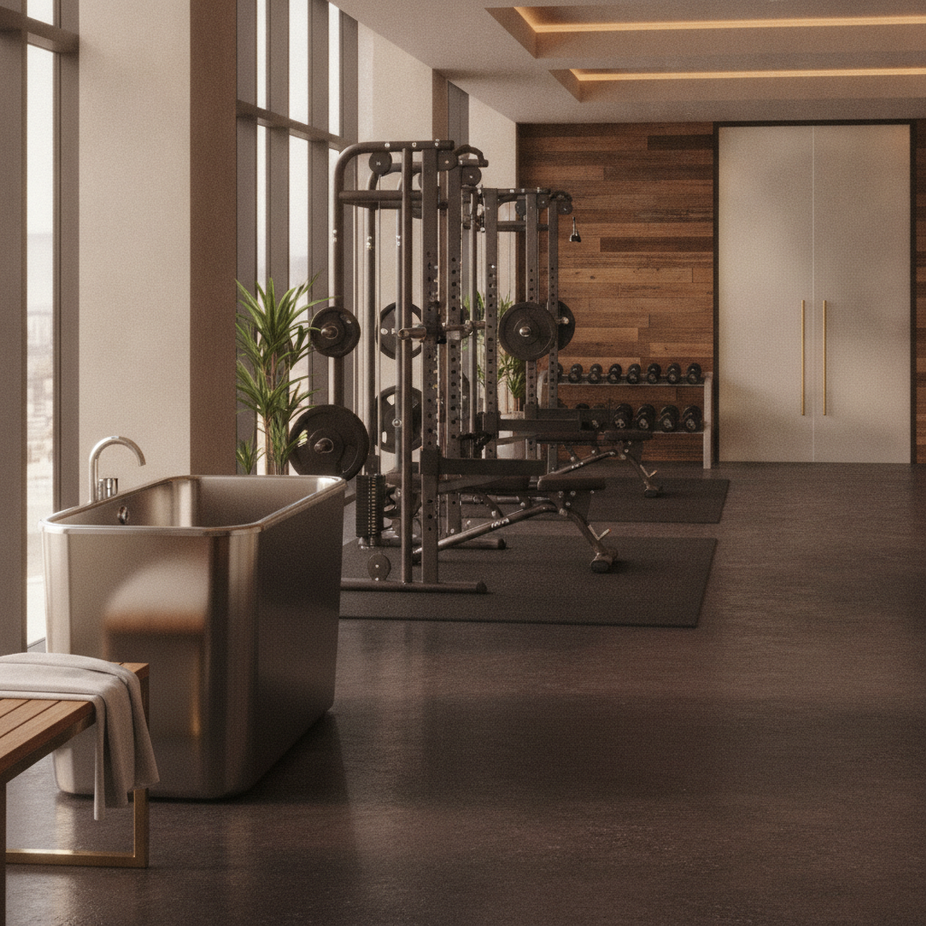 Hotel fitness center with cold plunge tub positioned near strength training equipment