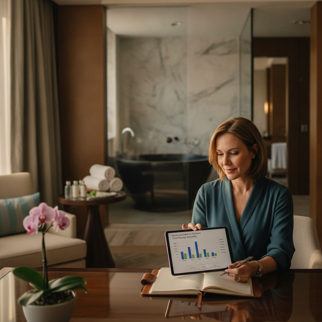 hotel spa director reviewing guest satisfaction data for an in-suite cold plunge amenity
