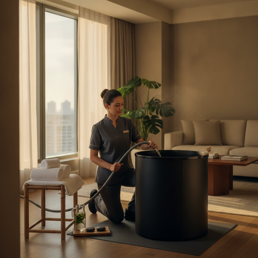 Hotel spa attendant preparing a portable cold plunge tub in a guest suite