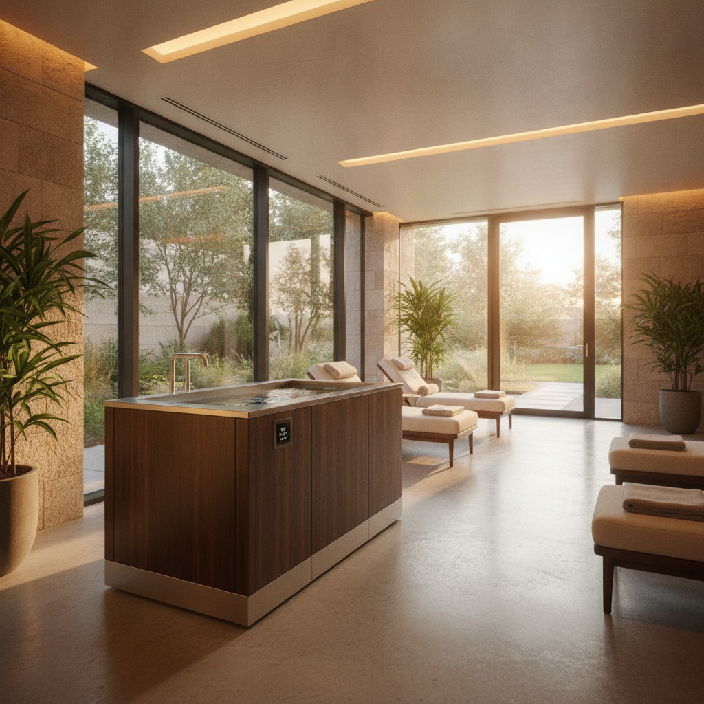 Freestanding no renovation cold plunge unit installed in a modern hotel spa without construction
