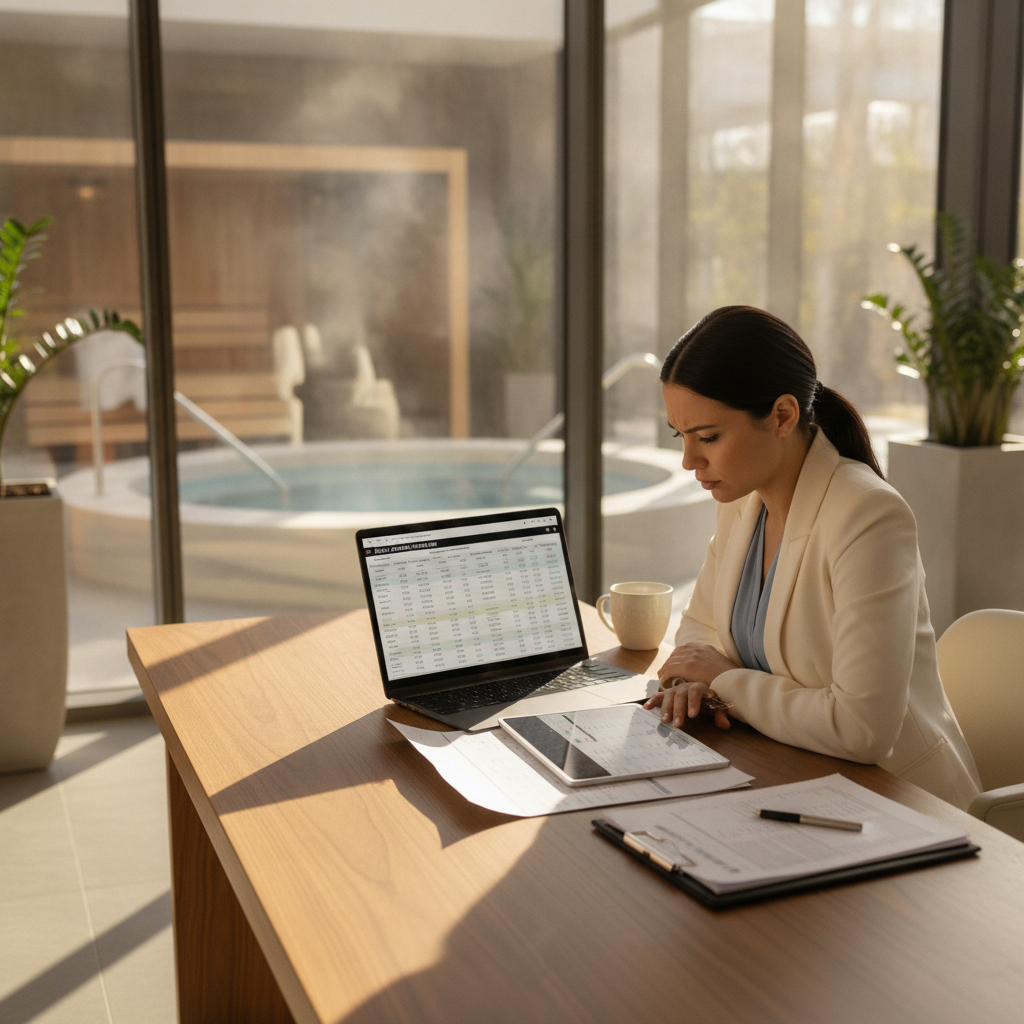 hotel spa director reviewing return on investment cold plunge hotel financial spreadsheet