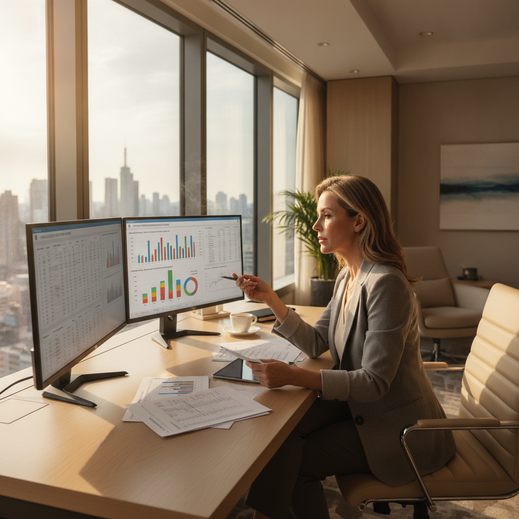 Hotel general manager reviewing wellness amenity financial charts and spreadsheets