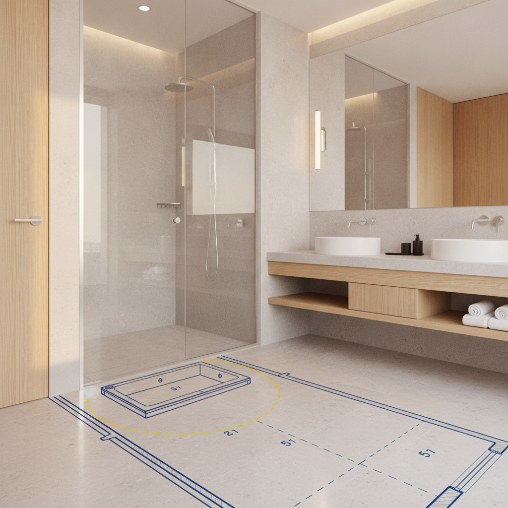 Floor plan diagram showing compact cold plunge placement and clearance zone in a hotel suite bathroom