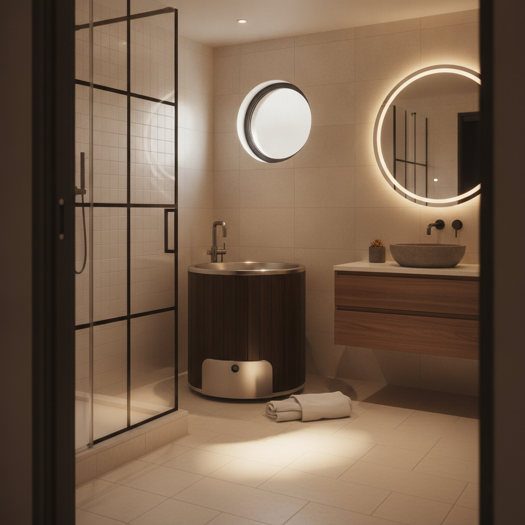 compact space saving cold plunge for small hotels installed in a boutique hotel bathroom