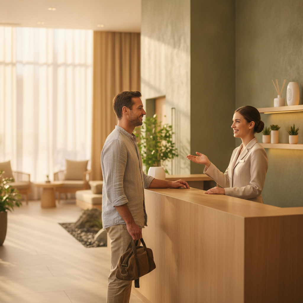 Hotel staff member greeting a guest at a wellness-focused hotel front desk