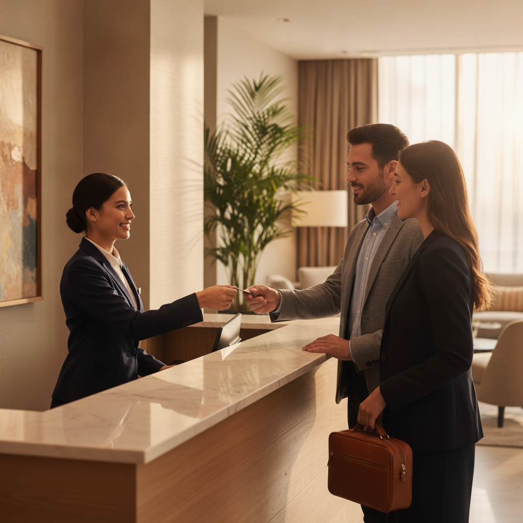 hotel front desk staff delivering guest service during check-in