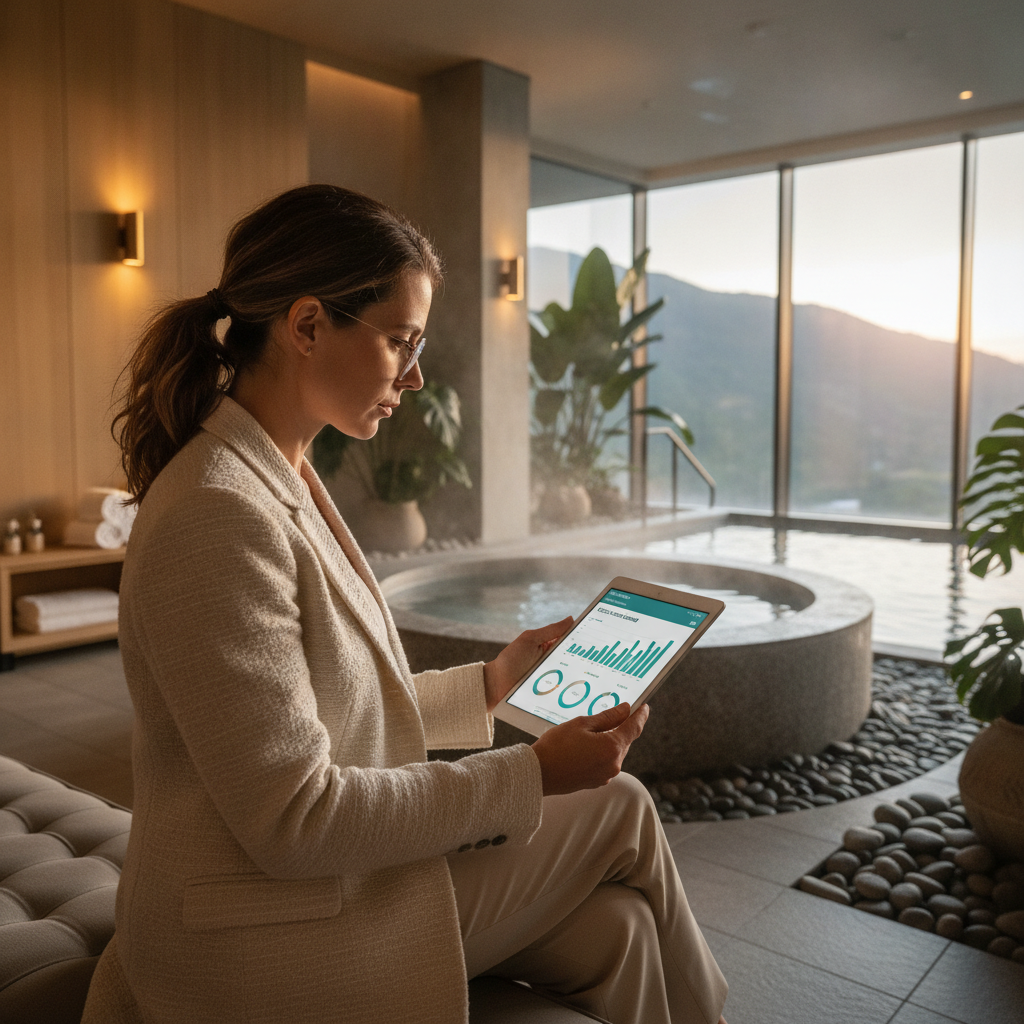 Hotel spa director reviewing cold plunge demand data on a tablet near a wellness area