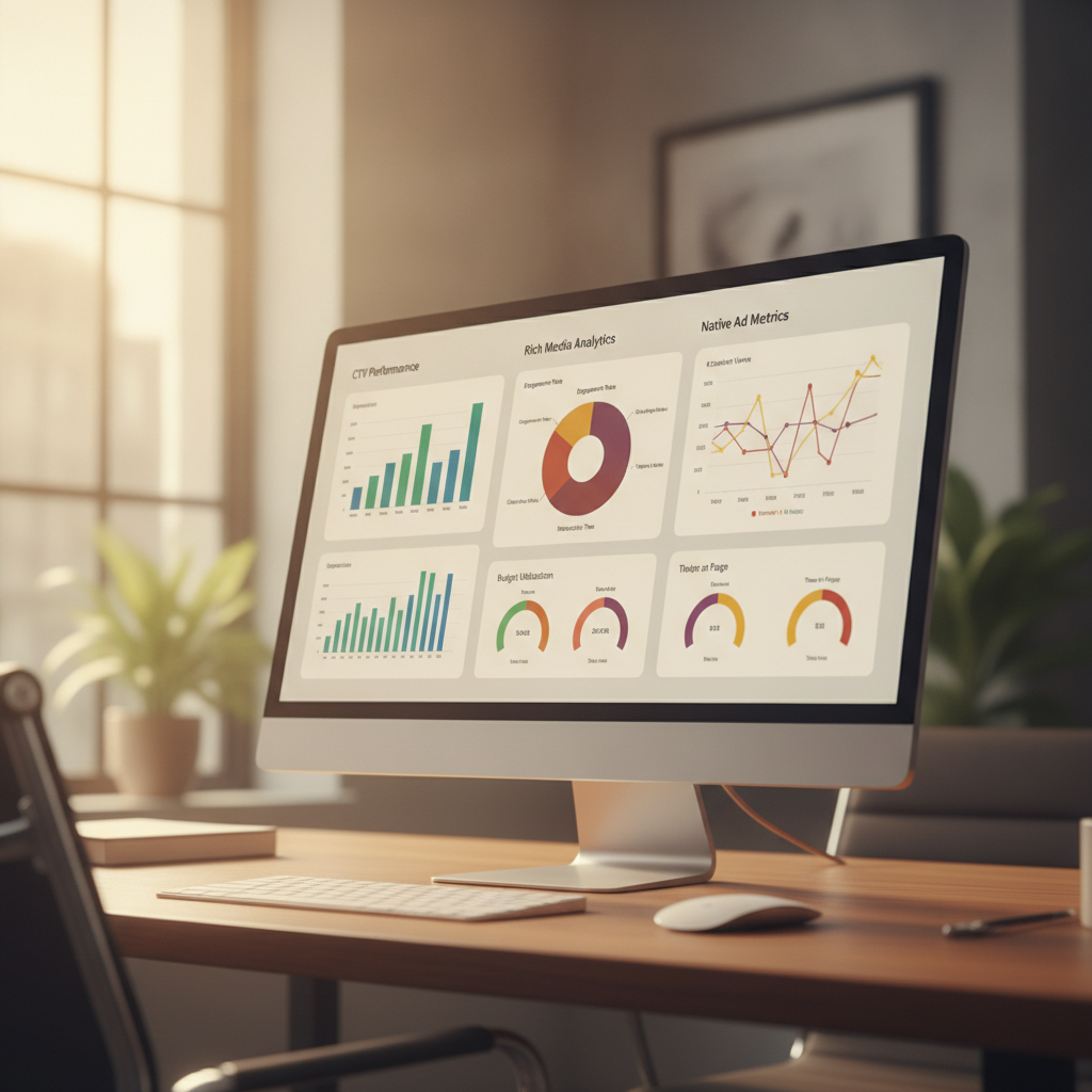 Financial advertising solutions dashboard showing CTV, rich media, and native performance metrics