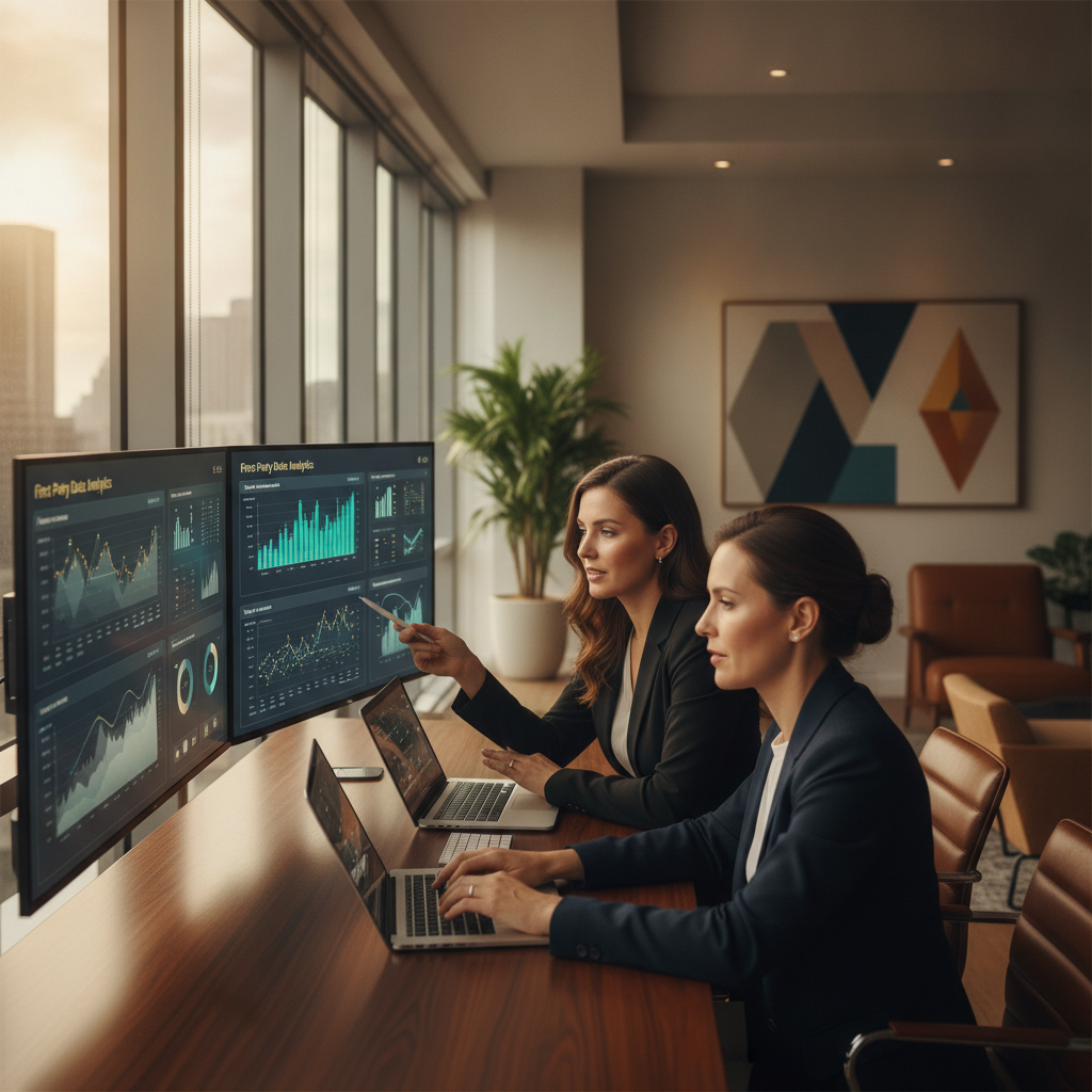 Financial marketers analyzing first-party data dashboards in a modern office