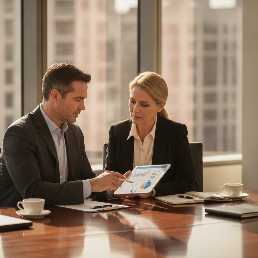 Financial advisor reviewing high-net-worth client portfolio strategy on tablet
