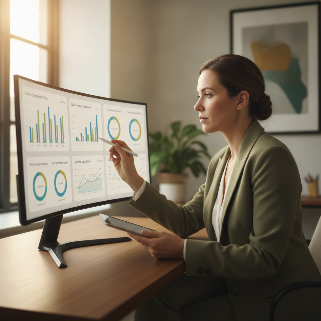 Financial marketer reviewing native advertising performance dashboard with investor engagement metrics