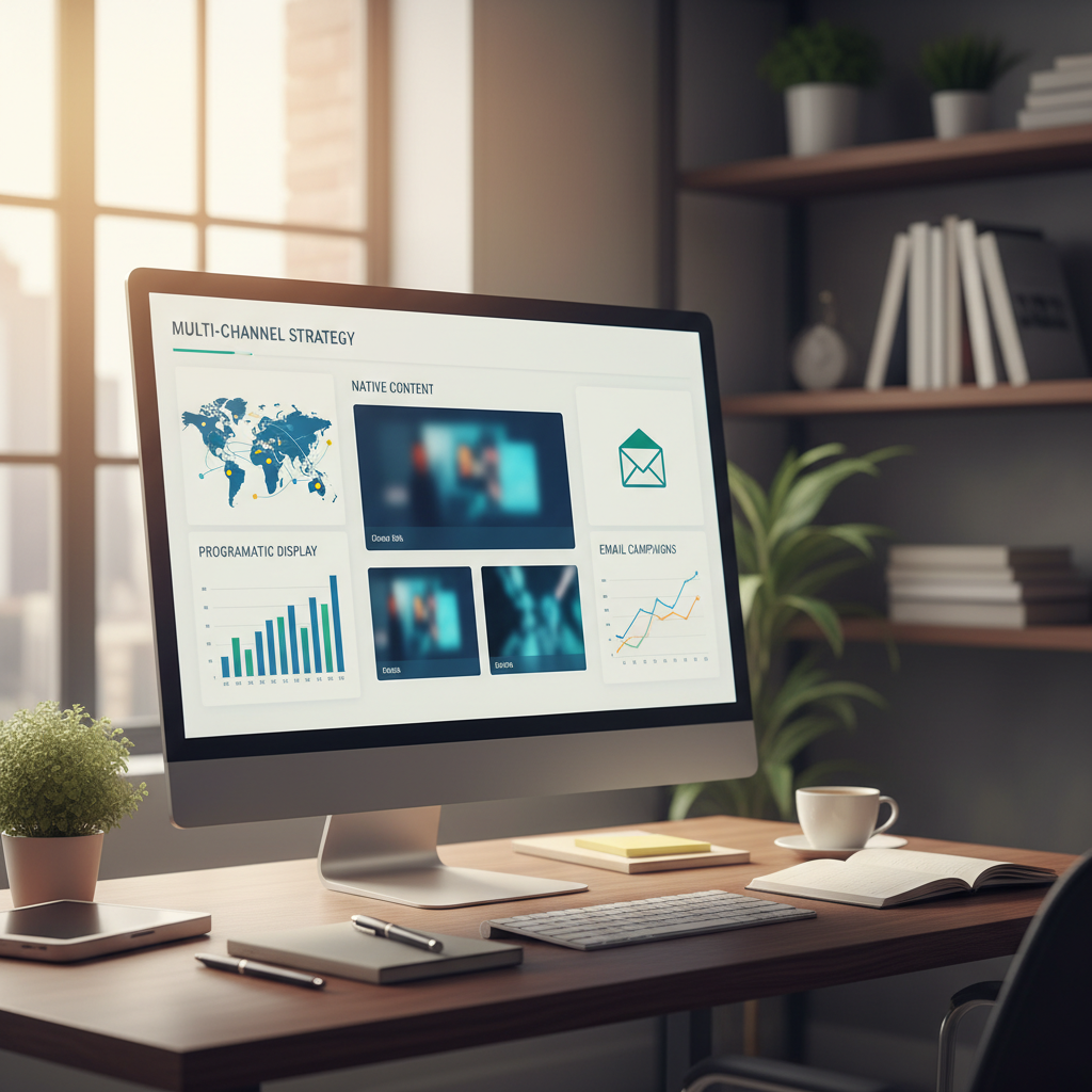 Financial advertising solutions for investment firms showing multi-channel digital strategy dashboard with programmatic display native content and email metrics