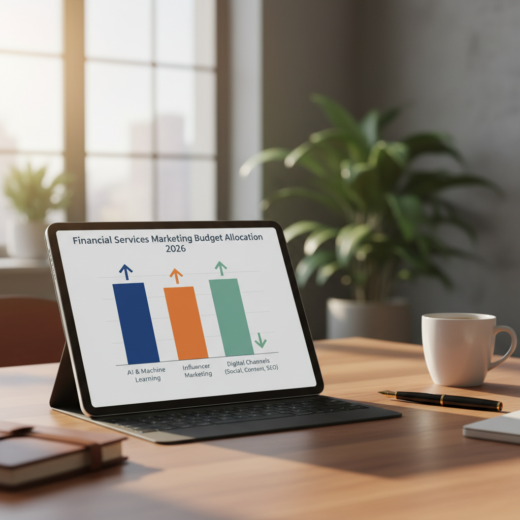 Chart showing 2026 financial services marketing budget shifts toward AI, influencer, and digital channels