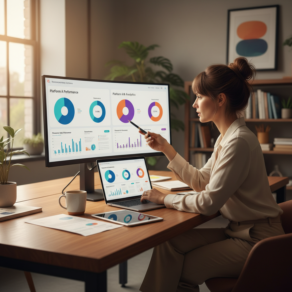 Financial marketer comparing advertising platforms on dashboard