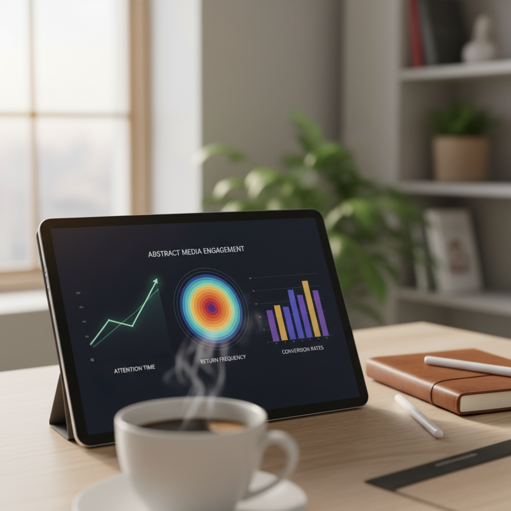 Financial media engagement metrics dashboard showing attention time, return frequency, and conversion rates