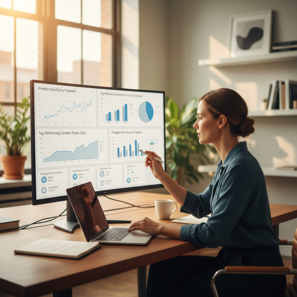 Financial marketer analyzing investor engagement dashboard with content performance metrics