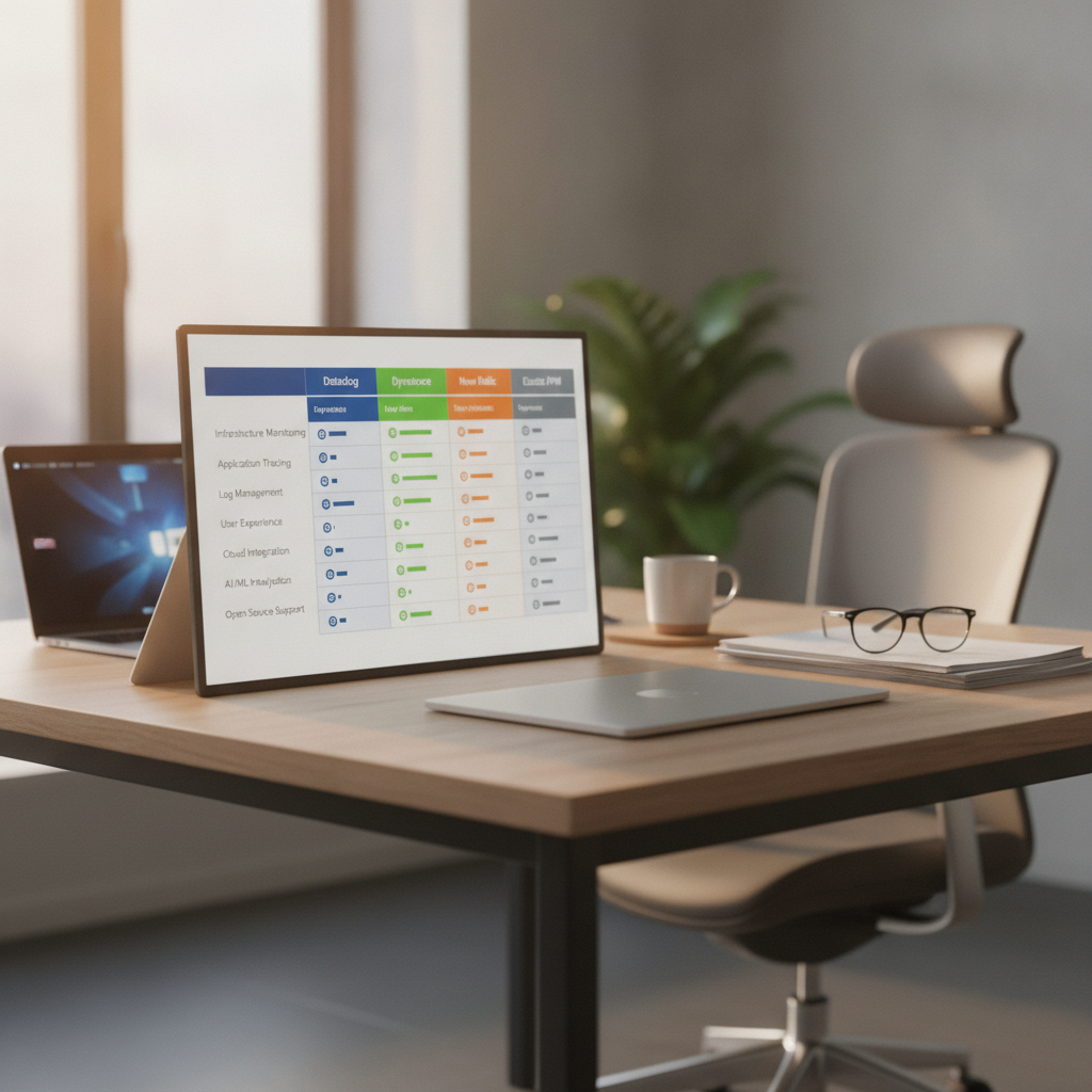 Comparison chart of leading APM solutions including Datadog Dynatrace New Relic and Elastic APM by feature category