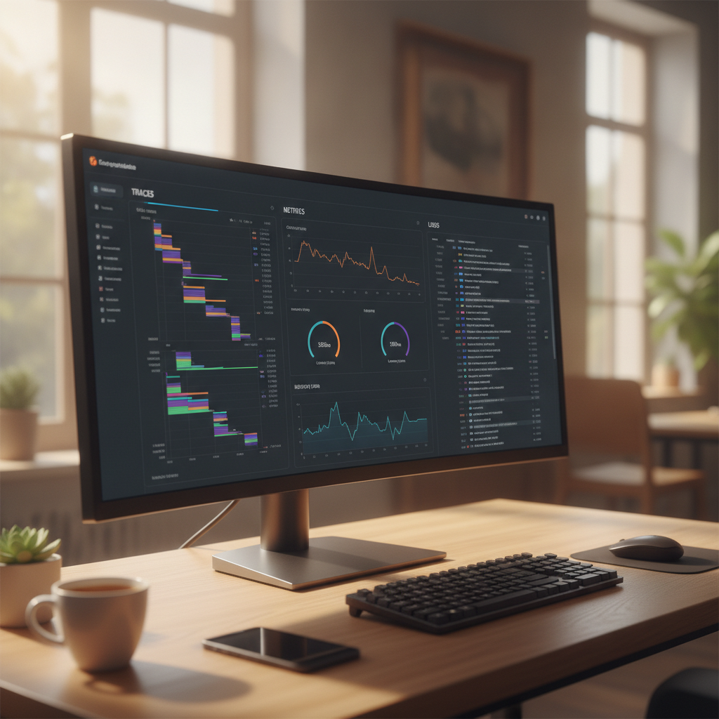 Developer dashboard comparing APM solutions showing traces, metrics, and logs side by side
