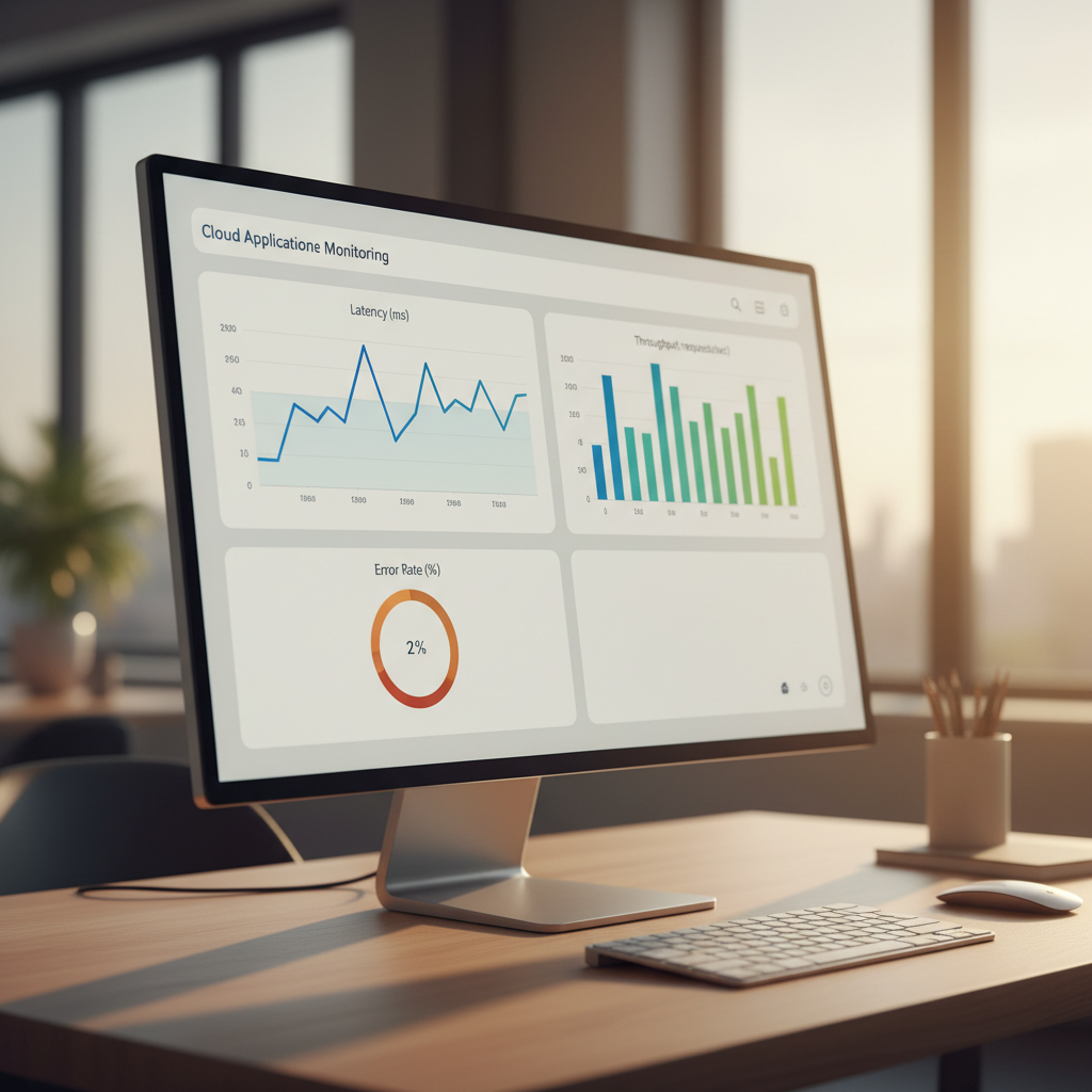 Cloud application performance monitoring dashboard showing latency, throughput, and error rate metrics for a B2B SaaS product