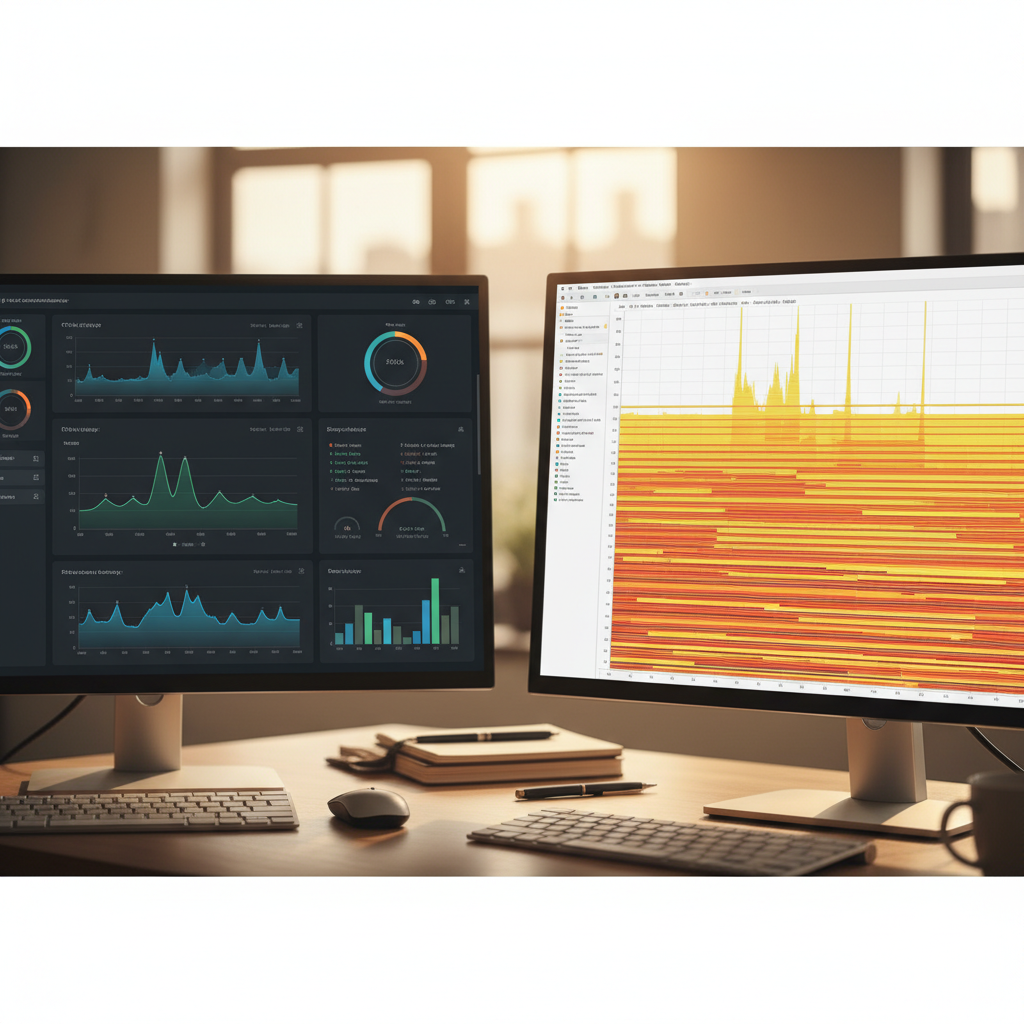 Comparison diagram showing real-time performance monitoring dashboard alongside traditional profiling flame graph for B2B SaaS applications