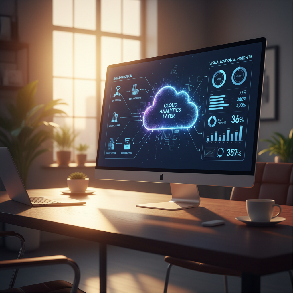 Application energy dashboard architecture diagram showing data ingestion from IoT sensors, BMS platforms, and smart meters flowing into a cloud analytics layer and rendered as charts and KPIs