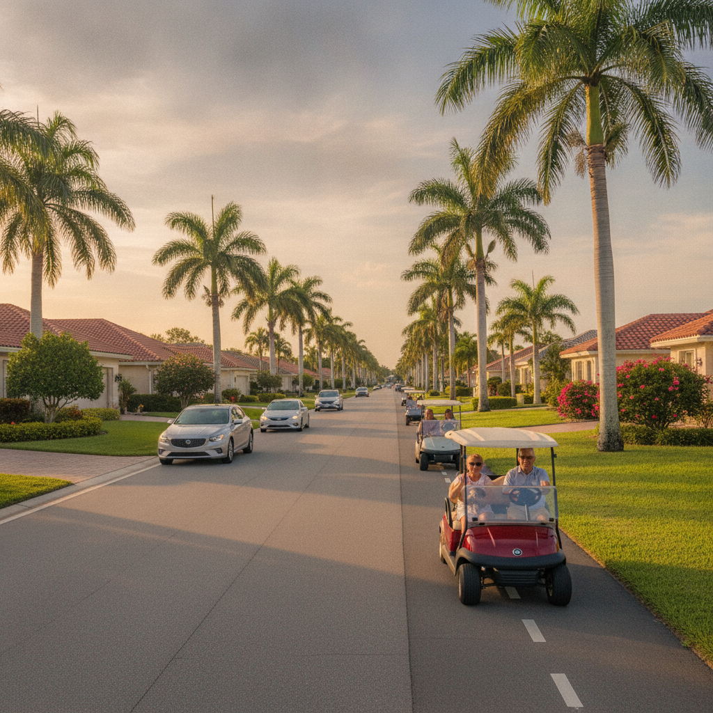 Golf cart friendly street in Sun City Center, one of the best places to retire in Tampa Bay Florida
