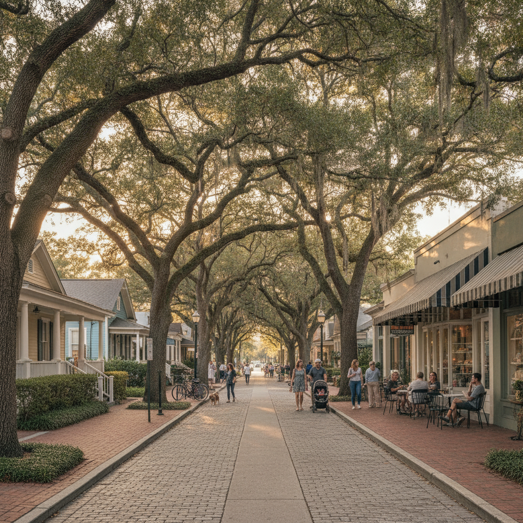 Walkable tree-lined street in Hyde Park Tampa with bungalow homes and restaurants