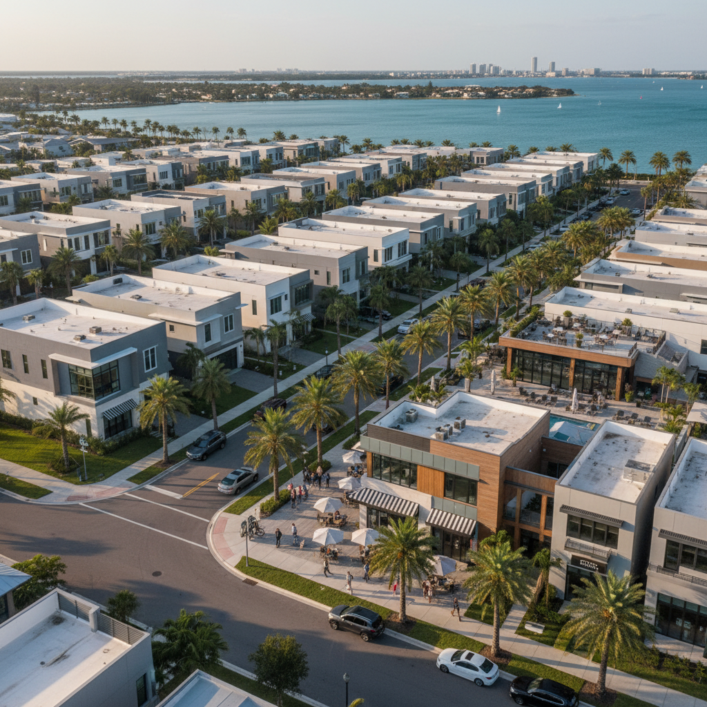 Aerial view of a Tampa Bay suburb showing modern homes, palm-lined streets, and a town center for young professionals