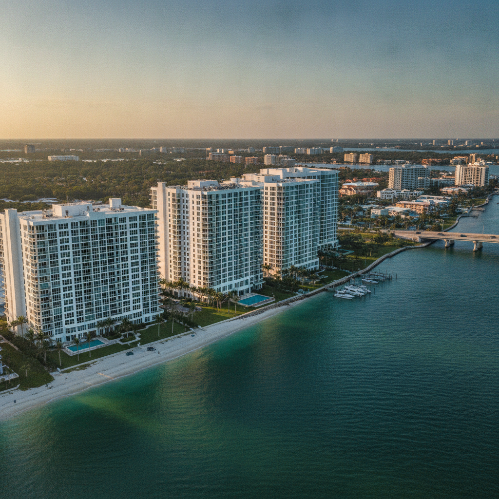 Aerial view of Clearwater condo buildings along the waterfront representing condo sales Clearwater market activity