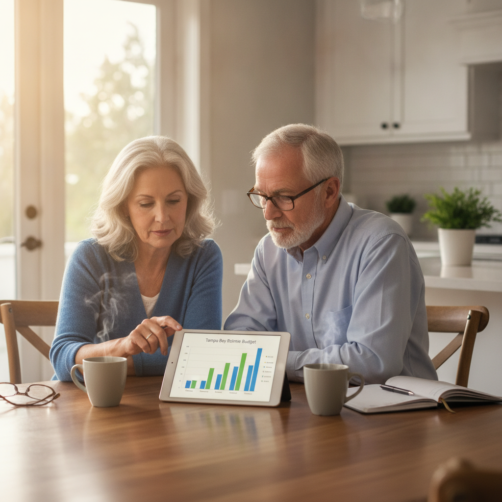 Retired couple reviewing a cost of living Tampa Bay for retirees budget chart at a kitchen table