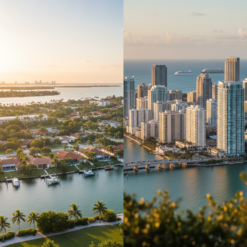 Tampa Bay waterfront neighborhood with single-family homes compared to Miami high-rise skyline