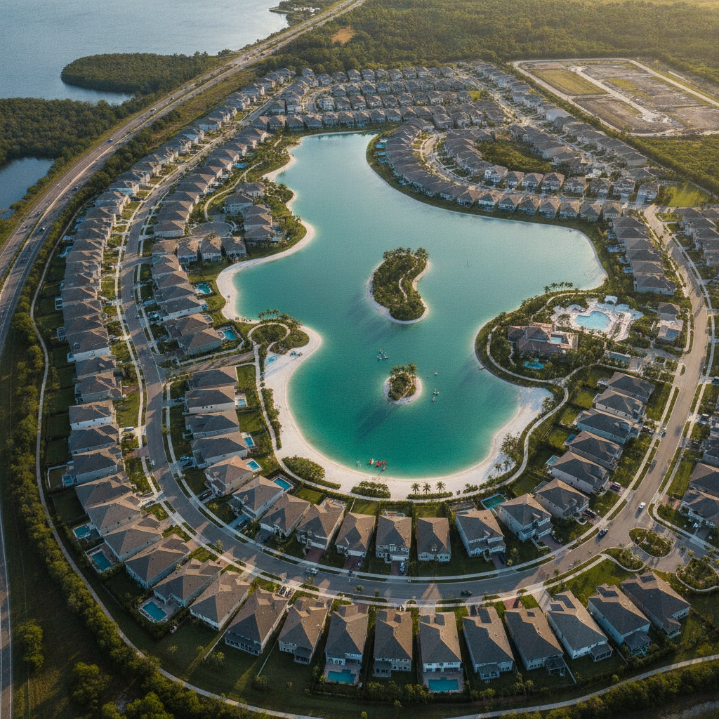 Aerial view of a Tampa Bay master planned community with lagoon amenity and new homes
