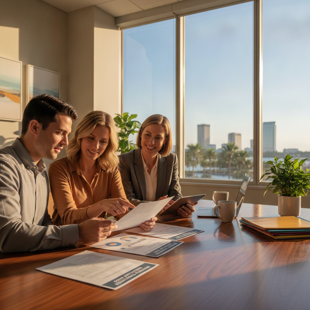 Tampa Bay homebuyers reviewing down payment assistance program paperwork with an agent