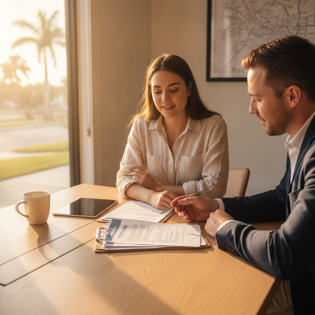 Tampa Bay first time home buyer reviewing Florida grant paperwork with a real estate agent