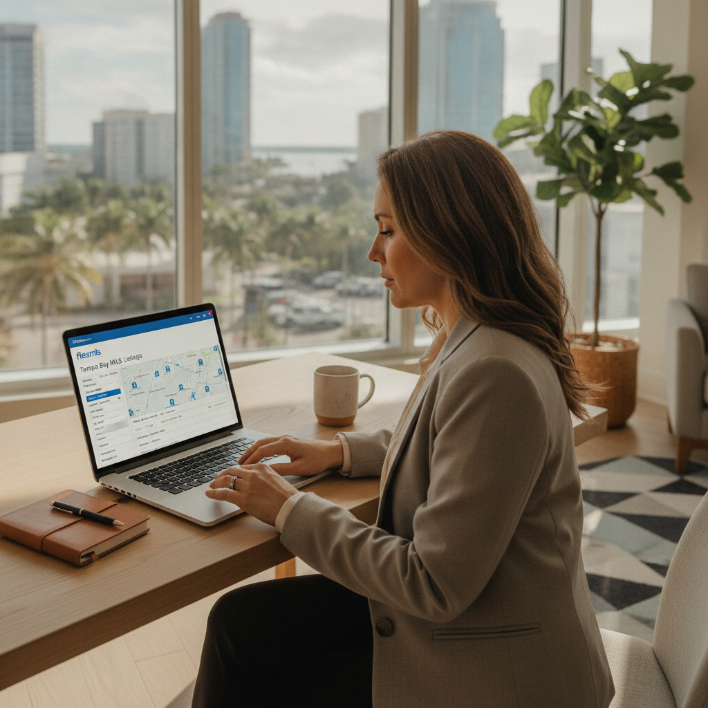 Real estate agent using Flexmls software to search Tampa Bay MLS listings on a laptop