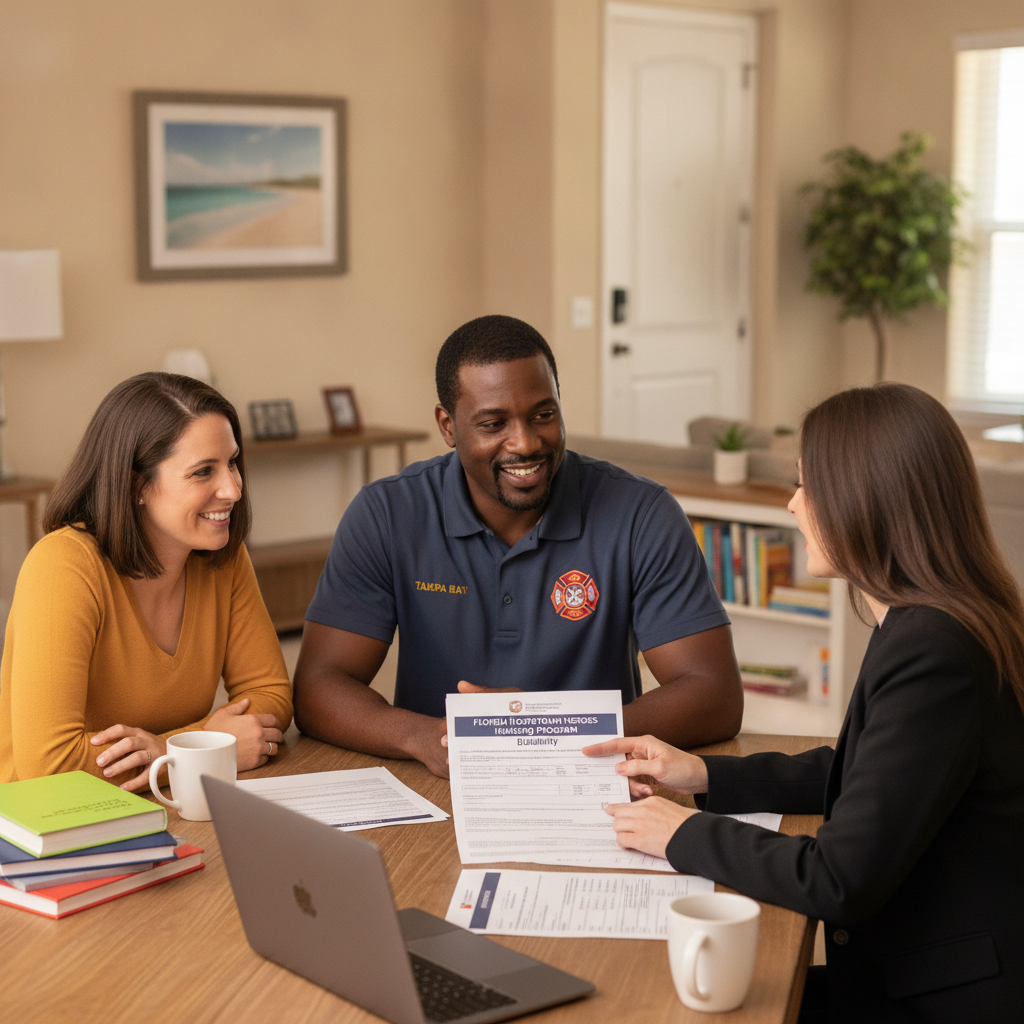 Tampa Bay first responder and teacher reviewing Florida Hometown Heroes Housing Program eligibility documents with a real estate agent