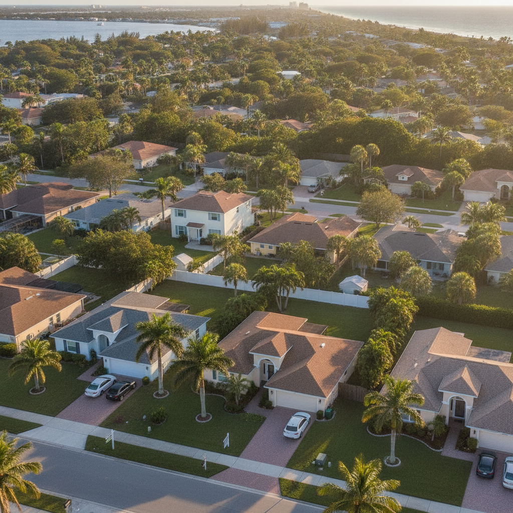 Aerial view of Clearwater Florida neighborhood with homes for sale signs